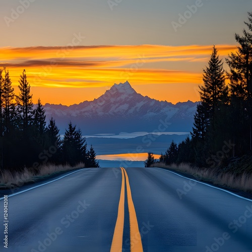 Majestic Sunrise Mountain Road,  Scenic Highway Through Alpine Landscape