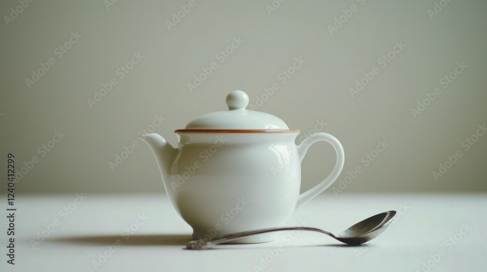 Serene Still Life: White Teapot and Spoon Serene Still Life: White Teapot and Spoon