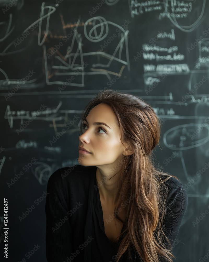 Thoughtful young woman in front of a chalkboard with diagrams Thoughtful young woman in front of a chalkboard with diagrams