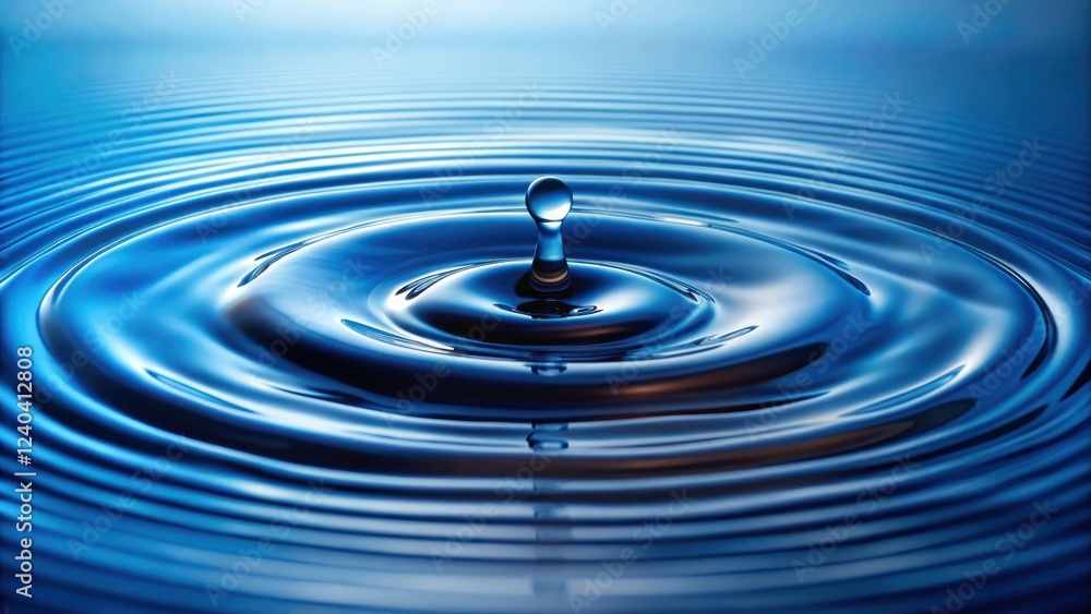 Droplet of water creates circular ripples on smooth blue lake surface creating a reflection, aquatic imagery, reflective surface