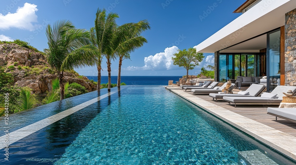 Fototapeta premium A stunning luxury villa with an infinity pool overlooking the ocean, surrounded by palm trees and a clear blue sky.