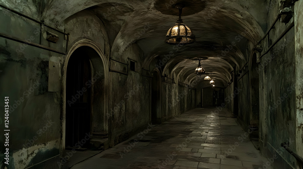 Obraz premium Dark, decaying hallway; arched ceiling, stone floor. Horror, film, game use