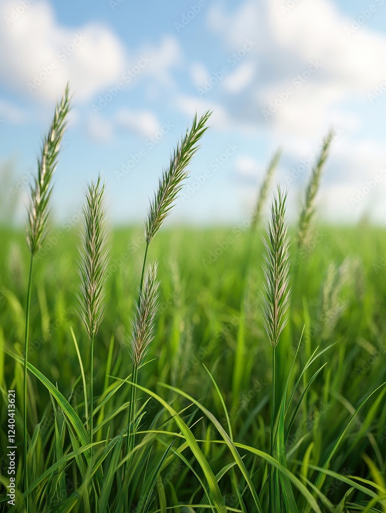 Lush green grasses with delicate seed heads sway gently under a clear blue sky, reflecting a serene natural landscape, Ideal for environmental themes, agriculture, or outdoor products, Lush green grasses with delicate seed heads sway gently under a clear blue sky, reflecting a serene natural landscape, Ideal for environmental themes, agriculture, or outdoor products,
