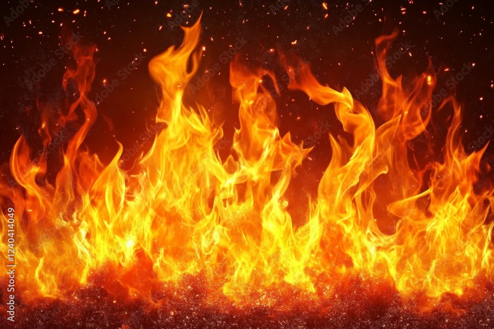 Flames dance energetically in a fiery display, illuminating the darkness with vibrant orange and yellow hues Flames dance energetically in a fiery display, illuminating the darkness with vibrant orange and yellow hues