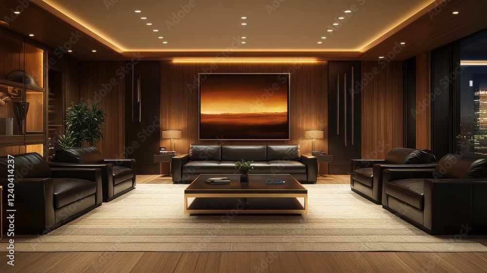 Fototapeta premium A modern, stylish living room with leather sofas, ambient lighting, a large artwork, and a cozy atmosphere.