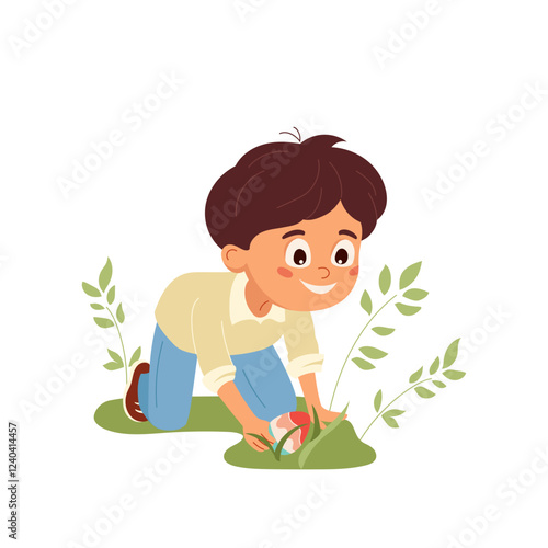 Cartoon little boy searching colorful eggs during holiday festivities. Joyful Kid hunting for Easter eggs. Perfect kids character vector design for typography, cards, flyers, invitations