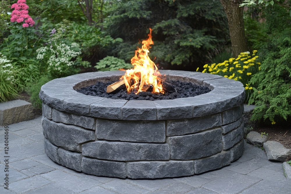 Bright flames dancing in a stone fire pit surrounded by lush garden blooms in a tranquil outdoor setting Bright flames dancing in a stone fire pit surrounded by lush garden blooms in a tranquil outdoor setting