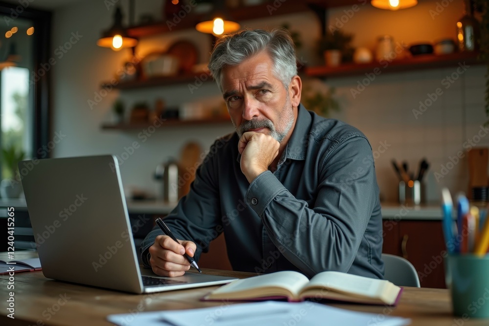 Mature man with gray hair and beard working thoughtfully on laptop at wooden desk with open book in cozy modern home office, warm lighting, focused professional atmosphere, remote work concept Mature man with gray hair and beard working thoughtfully on laptop at wooden desk with open book in cozy modern home office, warm lighting, focused professional atmosphere, remote work concept