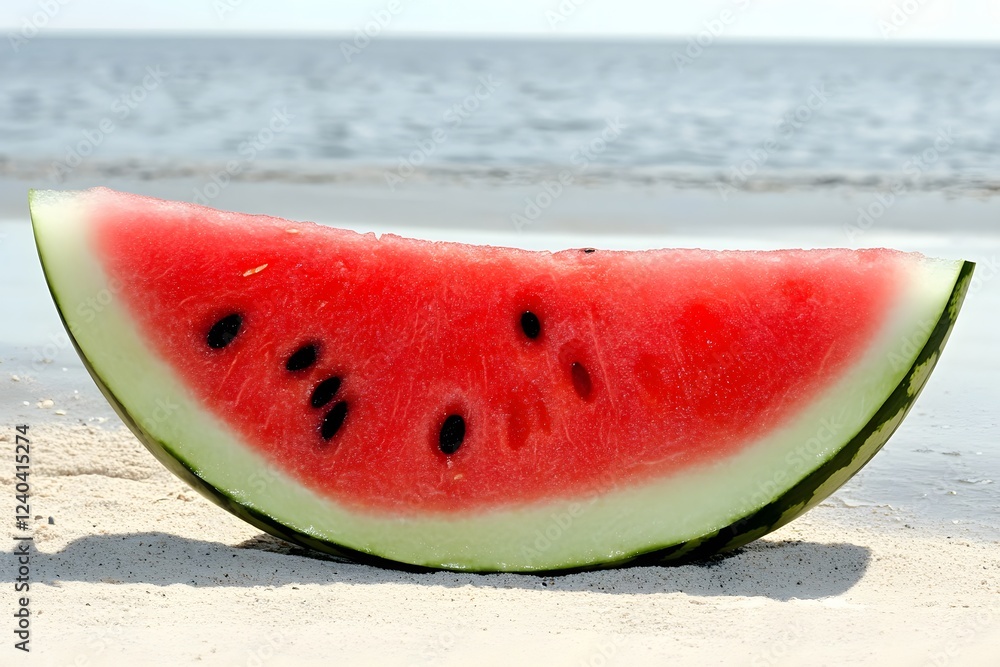 Juicy Watermelon Slice on Sandy Beach Summer Juicy Watermelon Slice on Sandy Beach Summer