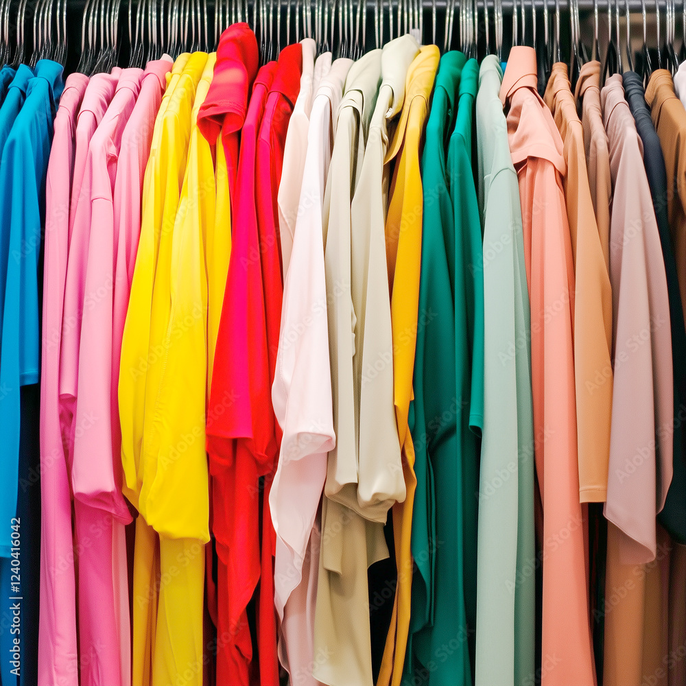 rack with colorful dresses in a women's clothing showroom, sale rack with colorful dresses in a women's clothing showroom, sale