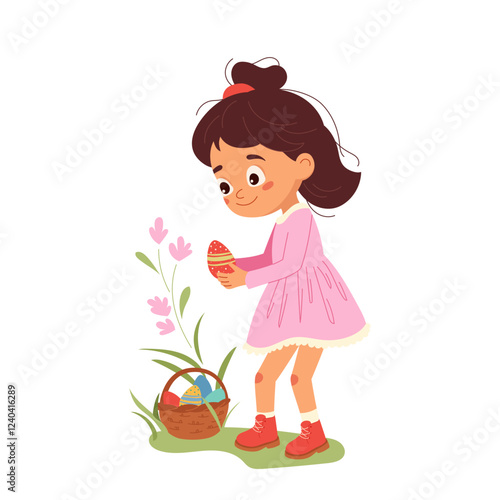 Cartoon pretty little girl putting easter egg in basket Joyful Easter egg hunt during holiday festivities Ideal vector illustration, character design for typography, greeting cards, flyers, invitation