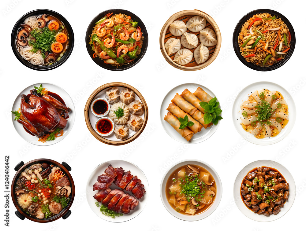 Top view collection of menu Chinese food in plate tasty, roasted peking duck, dim sum, Stir fry noodles, Red pork and dipping sauce, Fried spring rolls, isolated on white background, png Top view collection of menu Chinese food in plate tasty, roasted peking duck, dim sum, Stir fry noodles, Red pork and dipping sauce, Fried spring rolls, isolated on white background, png