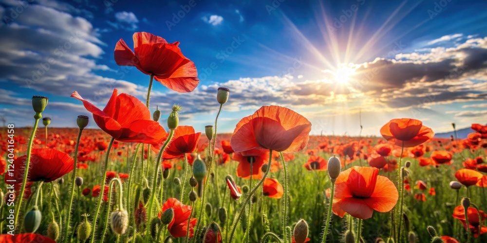 Fototapeta premium Vast fields of vibrant red poppies stretching towards the warm rays of a sunny day, with delicate petals swaying gently in the breeze , sunny day, blooming flowers