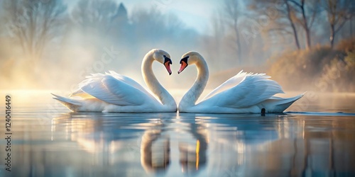 Fototapeta Naklejka Na Ścianę i Meble -  Elegant swans entwined softly on serene lake waters, entwined, serenity,  entwined, serenity,love, bird love