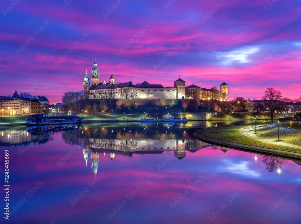 Fototapeta premium Kraków: Zamek Królewski na Wawelu w poranek z kolorowym niebem i odbiciem w Wiśle