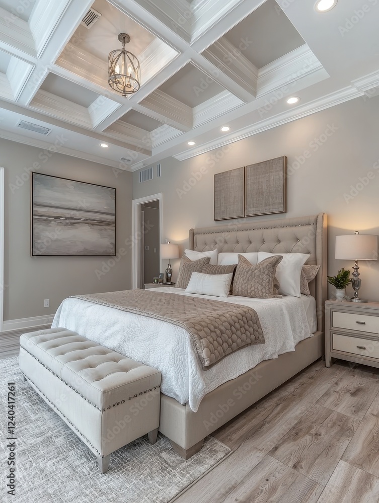Fototapeta premium Modern bedroom design elegant home interior photography cozy environment wide angle stylish living