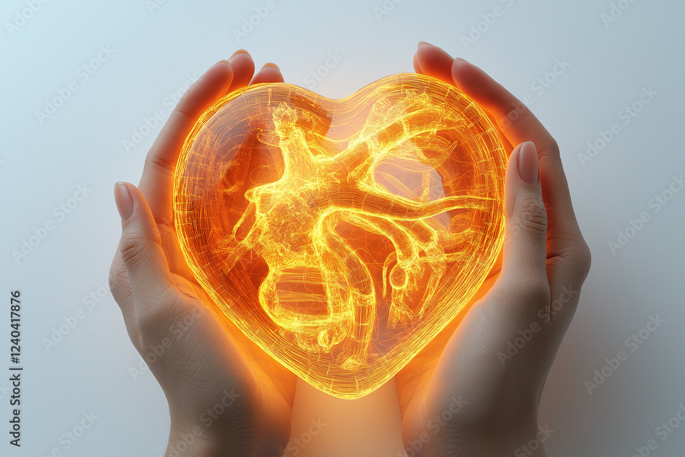 TOUCHING LIVES WITH INNOVATION AND CARE! A pair of hands gently holding a glowing heart hologram, symbolizing compassion and medical innovation. Concept. TOUCHING LIVES WITH INNOVATION AND CARE! A pair of hands gently holding a glowing heart hologram, symbolizing compassion and medical innovation. Concept.