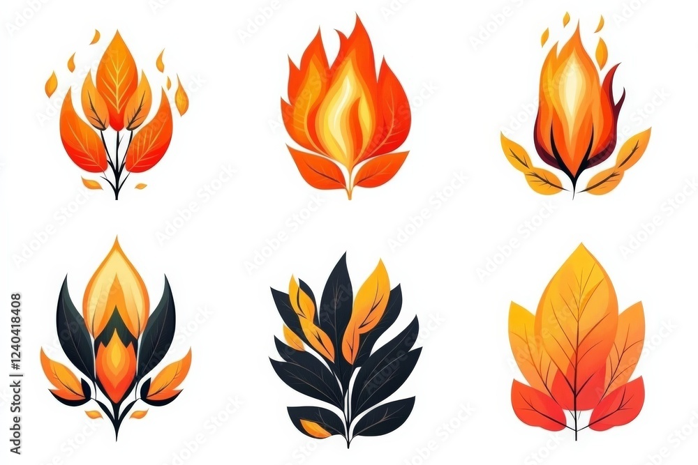 Colorful leaf and fire designs showcasing autumn themes with vibrant orange and yellow hues suitable for various artistic projects