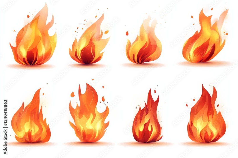 Various representations of flames showcasing different shapes, sizes, and intensity of fire elements in a stylized format Various representations of flames showcasing different shapes, sizes, and intensity of fire elements in a stylized format