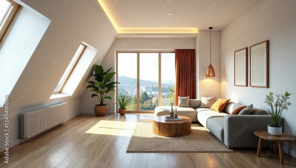 Modern attic apartment with minimalist design, large windows, stylish, white, attic Modern attic apartment with minimalist design, large windows, stylish, white, attic