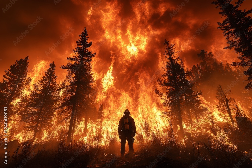 Fototapeta premium Firefighter battling a massive wildfire in a forest during a dramatic evening sky