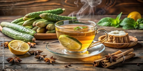 Steaming cup of bitter gourd tea surrounded by natural ingredients like ginger, cinnamon sticks and a few slices of lemon on a wooden table , aromatictea, woodentable photo