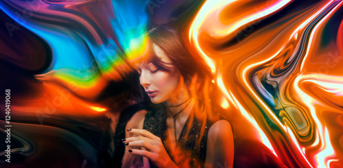 A woman is shown in a colorful, abstract background