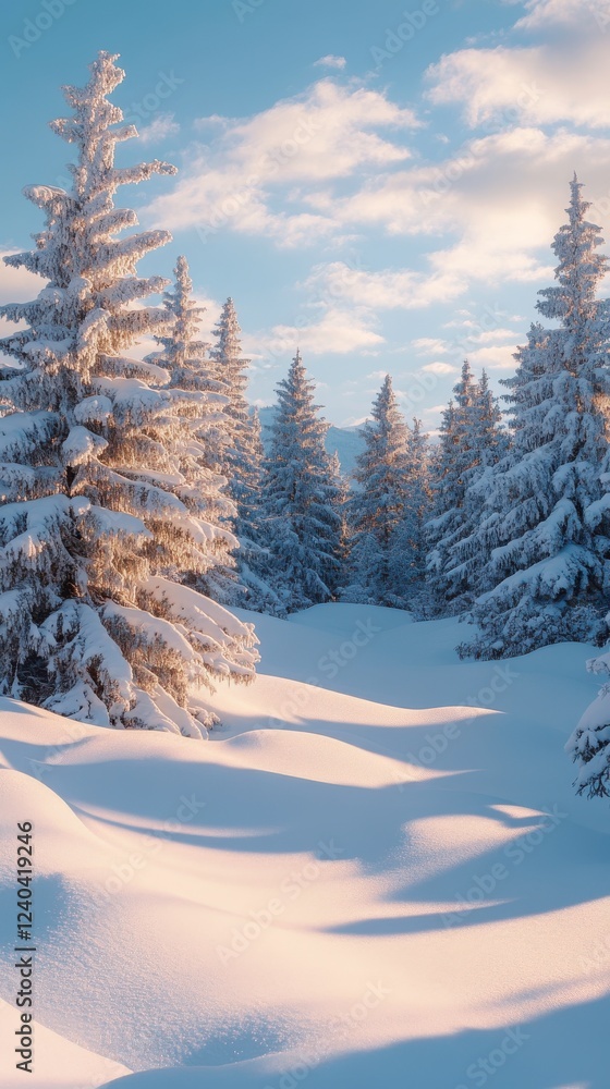 Obraz premium A tranquil winter landscape featuring snow-covered trees and soft, undulating drifts under a bright sky.
