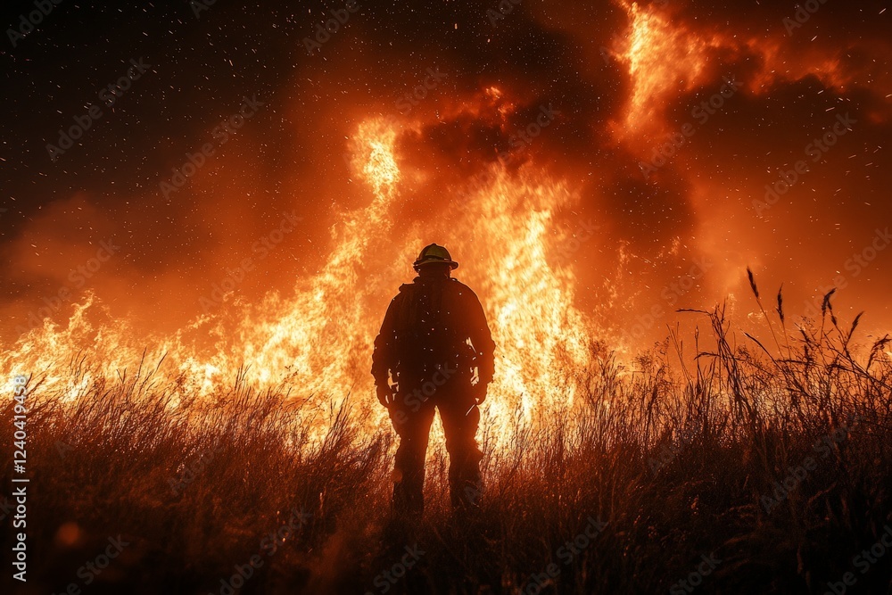 Fototapeta premium Firefighter facing a large wildfire under a night sky with sparks illuminating the landscape