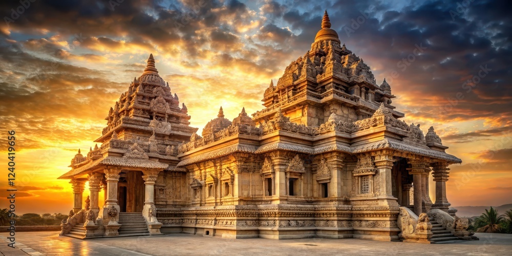 Fototapeta premium Ancient temple at sunset with golden light on its facade and intricate carvings surrounding it