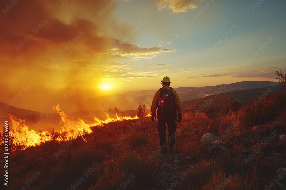 Firefighter facing wildfire at sunset in remote hills, showcasing bravery and resilience against nature's forces Firefighter facing wildfire at sunset in remote hills, showcasing bravery and resilience against nature's forces