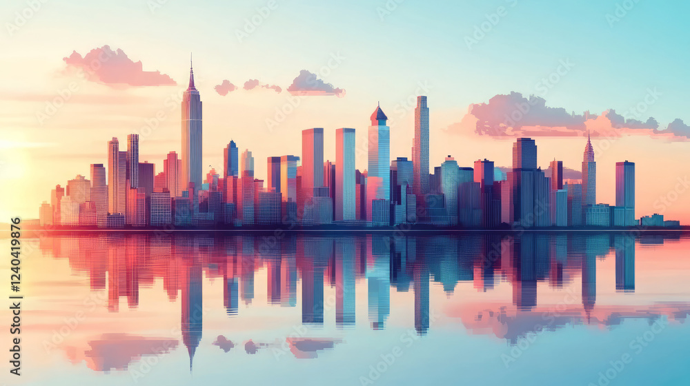 Fototapeta premium Illustration of modern buildings and city skyline reflections at dusk