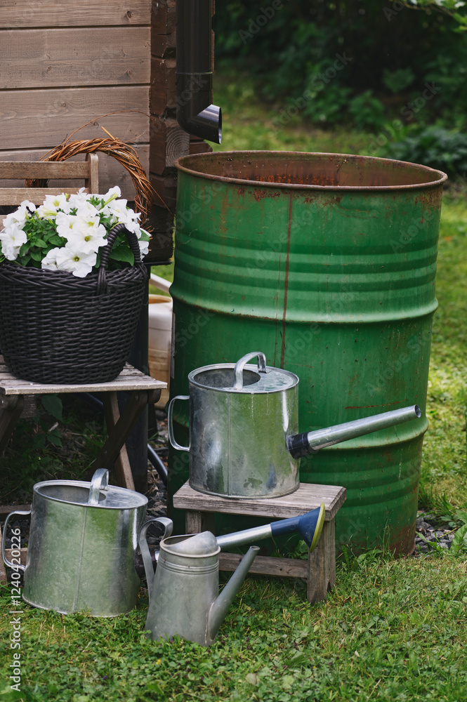 rain barrel in summer garden with watering cans and flowers in pot. Water save concept rain barrel in summer garden with watering cans and flowers in pot. Water save concept