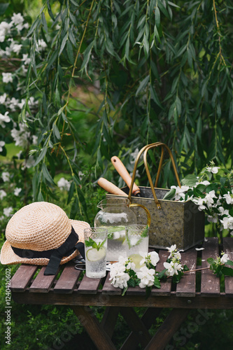 fresh lemonade with mint in summer garden. Blooming Philadelphus coronarius (Sweet Mock-orange, Jasmine) bouquet on wooden table with gardener tools. Summertime relax photo