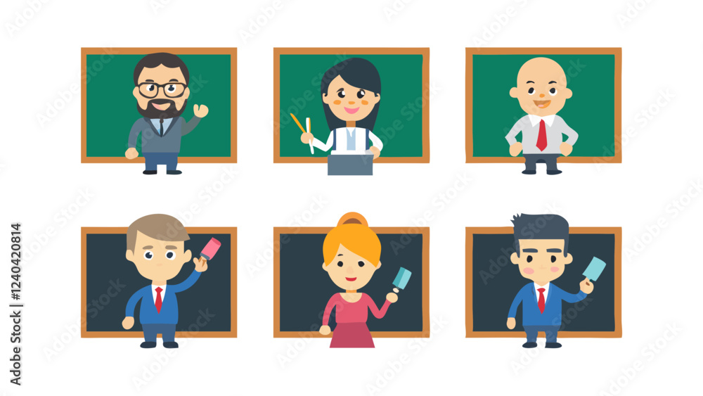 set of teacher character near school board, poses illustration collection set, set of funny cartoon professional set of teacher character near school board, poses illustration collection set, set of funny cartoon professional