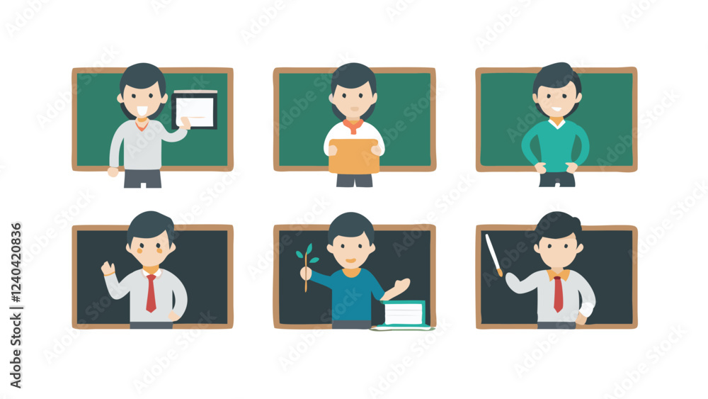 set of teacher character near school board, poses illustration collection set, business people icons set of teacher character near school board, poses illustration collection set, business people icons
