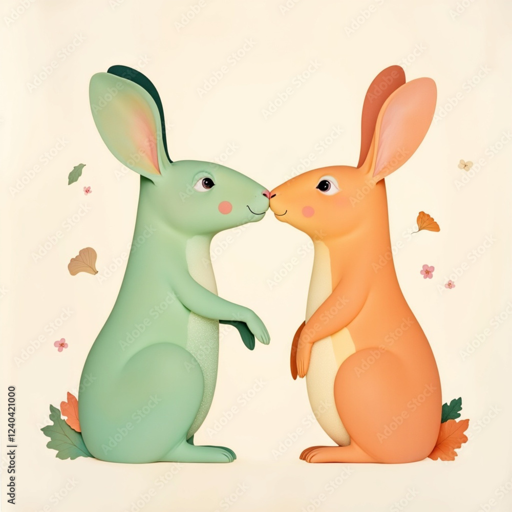 Cute Bunny Couple Kissing Pastel Art Print
