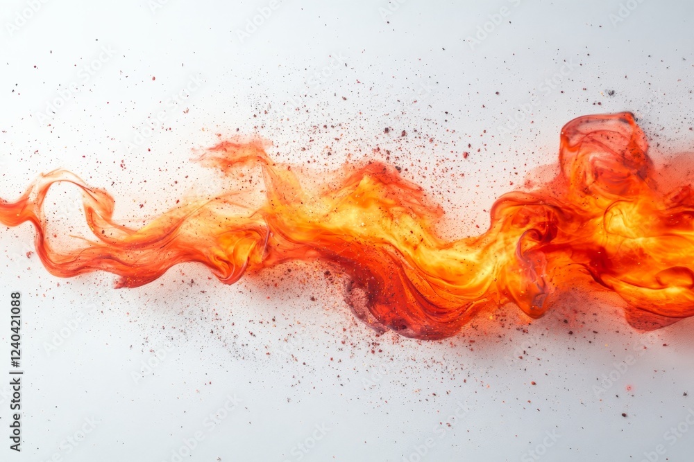Fototapeta premium Fire swirls create vibrant patterns with sparks of color on a white backdrop during indoor artistic experimentation