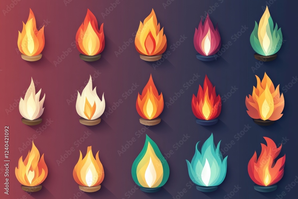 Collection of colorful flame designs in a digital illustration showcasing various fire shapes and colors Collection of colorful flame designs in a digital illustration showcasing various fire shapes and colors