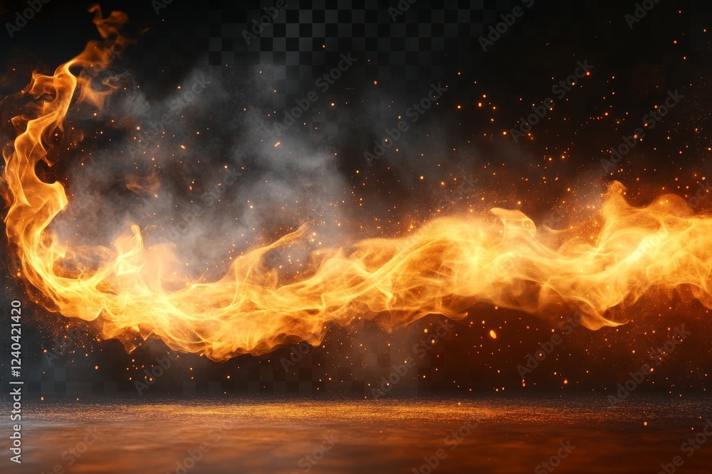 Fototapeta premium Dynamic flames with sparks and smoke create an intense visual display in a dark environment
