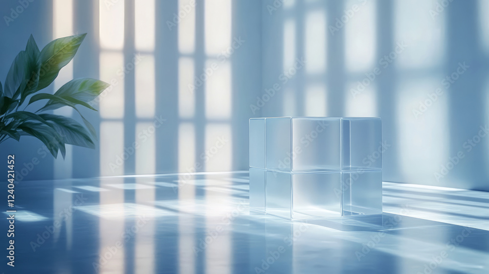 3D rendering of transparent glass interior space e-commerce product booth background 3D rendering of transparent glass interior space e-commerce product booth background