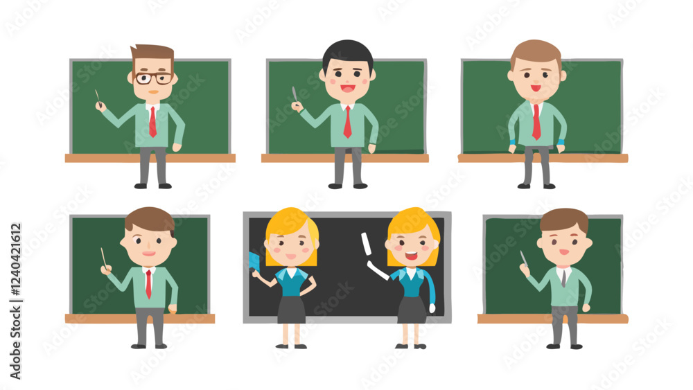 set of teacher character near school board, poses illustration collection set, set of businessman set of teacher character near school board, poses illustration collection set, set of businessman