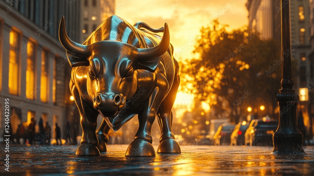 A striking golden bull statue stands in a city street at sunset, surrounded by people and illuminated by warm light. A striking golden bull statue stands in a city street at sunset, surrounded by people and illuminated by warm light.