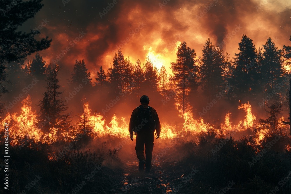 Fototapeta premium Forest firefighter battling raging flames in a wildfire at dusk near a dense forest