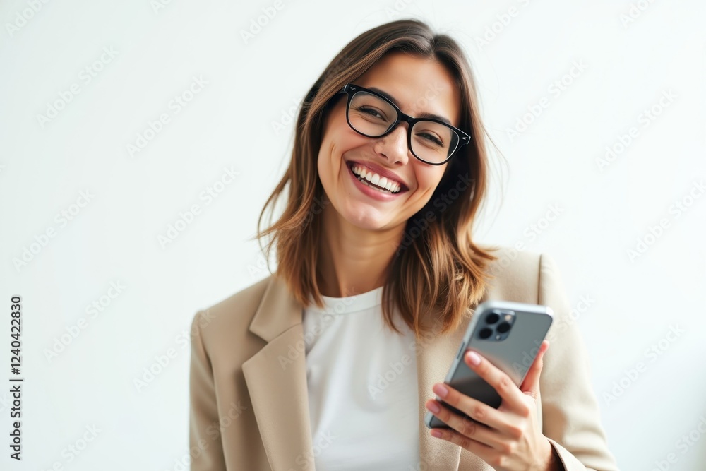 Woman is smiling while looking at her phone Woman is smiling while looking at her phone