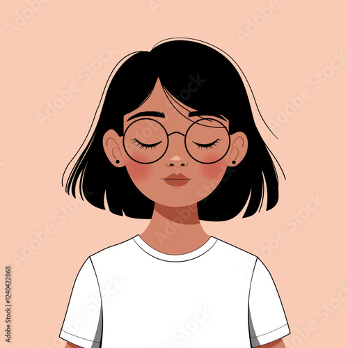 Vector art of a young girl smiling in contentment as the autumnal wind gestures her face