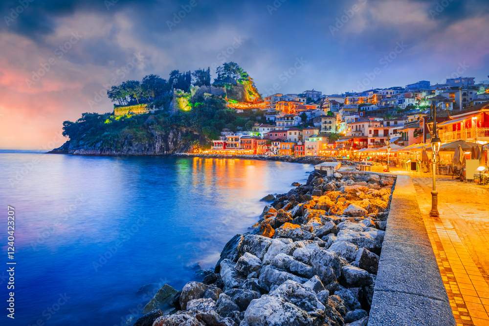 Parga, Greece. Beautiful colorful coastal town in Epirus, Greek holidays at Ionian Sea.