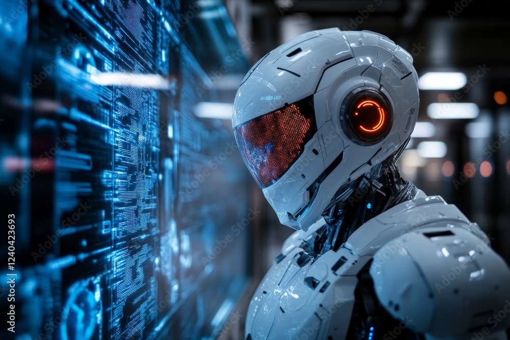 Futuristic robot examining digital data in a high-tech environment at night Futuristic robot examining digital data in a high-tech environment at night