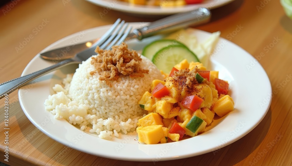 A delectable dish of creamy turmeric potatoes with rice and cucumber slices A delectable dish of creamy turmeric potatoes with rice and cucumber slices