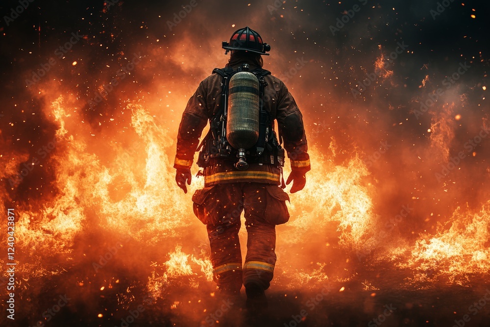 Firefighter walks toward intense flames in dramatic rescue operation at night Firefighter walks toward intense flames in dramatic rescue operation at night